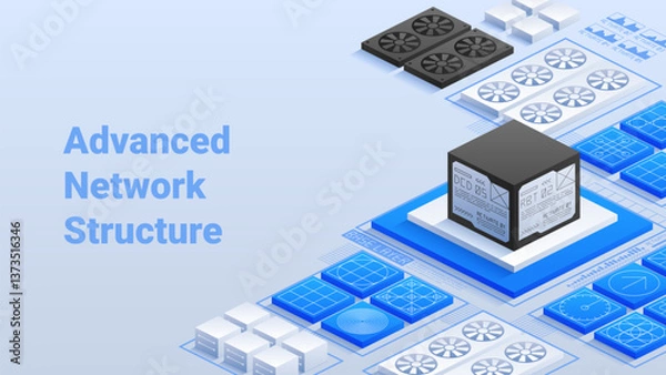 Obraz Advanced Network Structure High-tech data center Sophisticated server units and interlinked blocks Modern connectivity and digital architecture Efficient data processing Vector isometric illustration