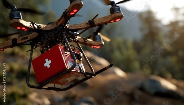 Obraz In a remote, mountainous landscape under a clear sky, a cutting-edge medical drone gracefully delivers life-saving vaccines to a secluded rural community, embodying the future of accessible