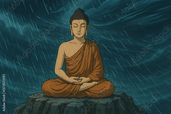 Obraz Buddha Meditating in the Rain Calming the Storm