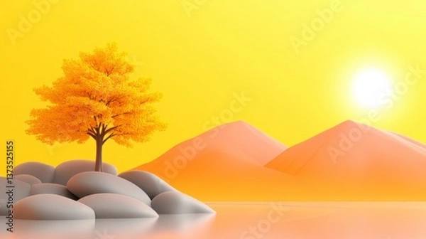 Obraz Serene Landscape with Yellow Sky, Sun, Tree, and Pebbles by Water