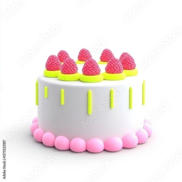 Obraz Colorful Cake with Raspberries and Neon Accents on White Background