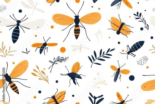 Obraz Flat style seamless pattern of mosquitoes, isolate on white background.