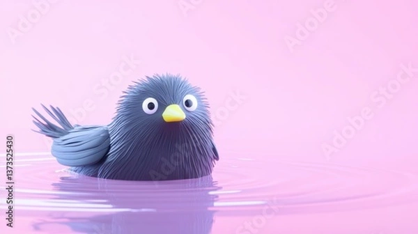 Obraz Cute Cartoon Bird Floating in a Pink Water Reflection Background