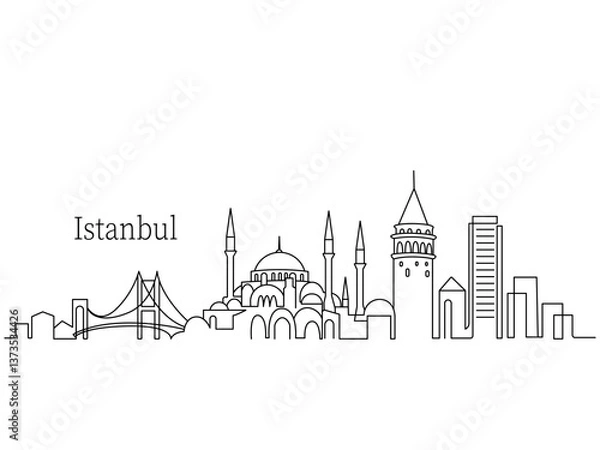 Fototapeta Linear panorama of the city of Istanbul in Turkey. skyscrapers and modern architecture. vector illustration continuous line on a white background