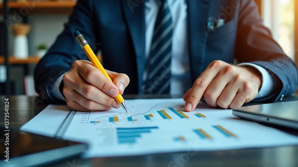 Fototapeta Person, hands, holding, pen, and, writing, piece, paper, paper, spread, out, table, with, various, graphs, and, charts, person, wearing, suit, and, tie, and, appears, focused, task, hand, There, are, 
