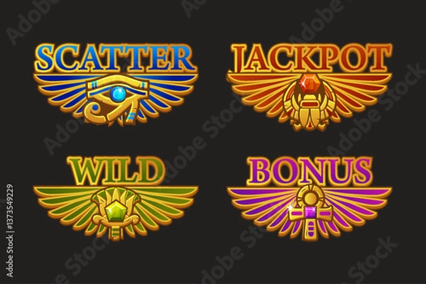 Fototapeta Colored UI symbols set-WILD,Jackpot, Bonus and Scatter for casino or slots games. Golden icons -Egyptian scarab, Lotus, Ankh and eye of Horus for game asset