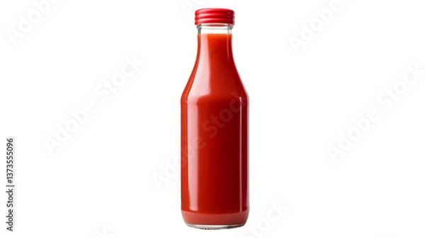 Fototapeta Isolated bottle of red liquid with a red cap on a black background in a studio shot image