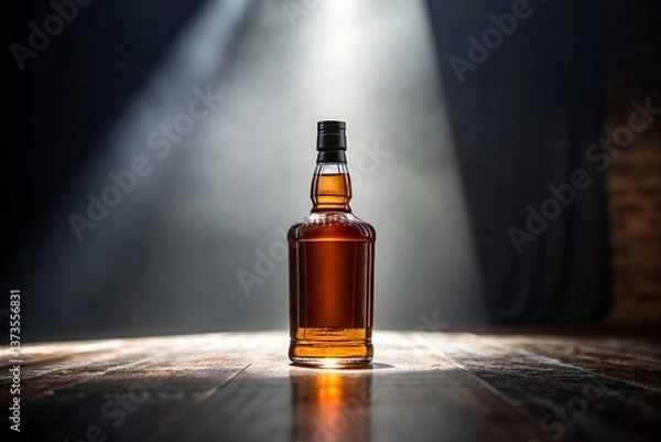 Fototapeta Single Whiskey Bottle Illuminated by a Focused Spotlight on a Rustic Wooden Surface