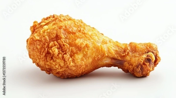 Fototapeta A 3D close-up of a golden crispy fried chicken drumstick, isolated on a clean white backdrop with room for branding