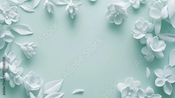Fototapeta White floral blossoms delicately arranged on a soft aqua colored backdrop