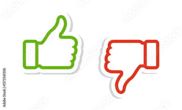 Obraz Thumbs up and thumbs down icon set. Like and dislike symbols in green and red colors. Rating and feedback. Do and Don't icons. Vector stickers.