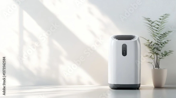 Fototapeta A compact dehumidifier with a sleek design, placed on a white background with negative space