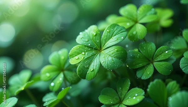 Obraz several four-leaf clovers with water droplets, arranged in a natural setting