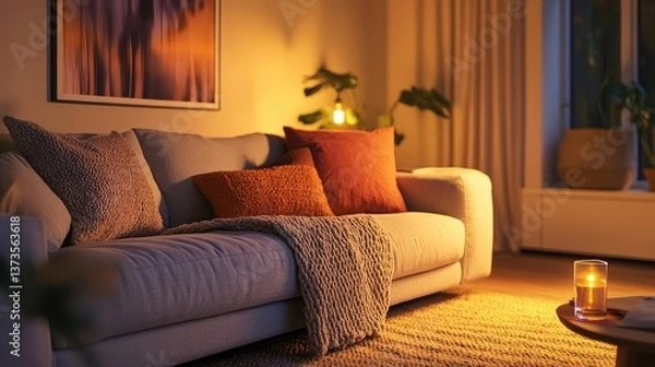 Fototapeta A cozy living space with a soft grey sofa, a chunky-knit cream sofa bed, and a vibrant throw, illuminated by warm lighting.