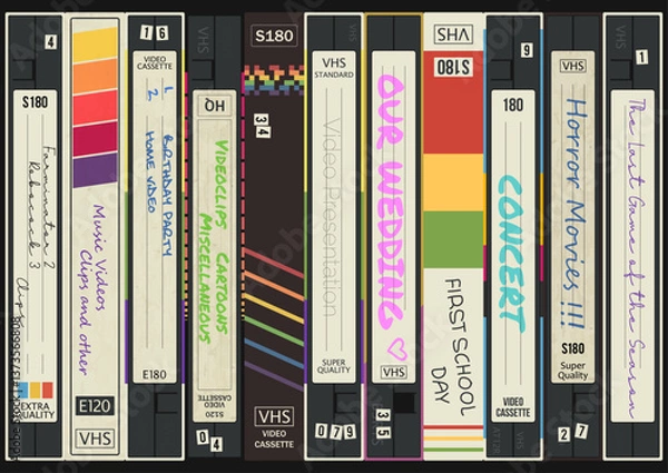 Obraz 1980s VHS Cassettes Background, Old Home Video Collection Style Illustration, Vector Template for Vintage Posters, Covers, Illustrations