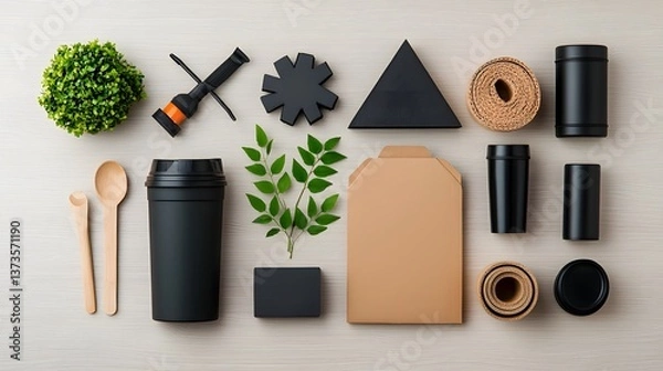 Fototapeta Flat lay composition showcasing an assortment of various storage containers including cardboard wicker and metal pieces in diverse shapes and dimensions neatly arranged on a light wooden surface