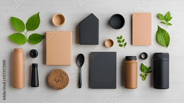 Obraz Flat lay featuring a collection of diverse storage containers made of cardboard wicker and metal in different shapes and dimensions neatly arranged on a light wooden surface