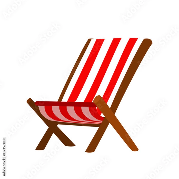 Obraz Stripped beach chair in red and white colors with wooden construction isolated on white background. Cartoon vector illustration.