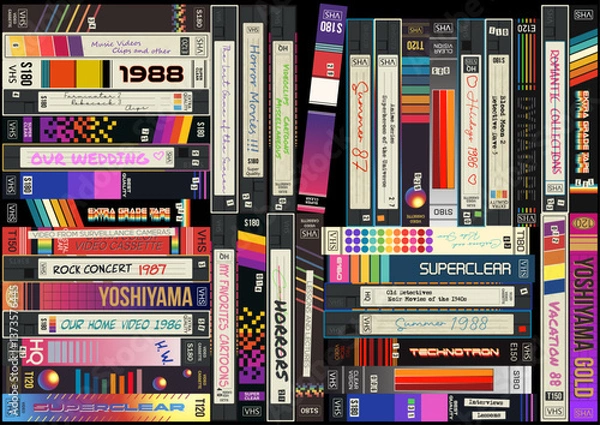 Fototapeta 1980s VHS Cassettes Background, Old Home Video Collection Style Illustration, Vector Template for Vintage Posters, Covers, Illustrations
