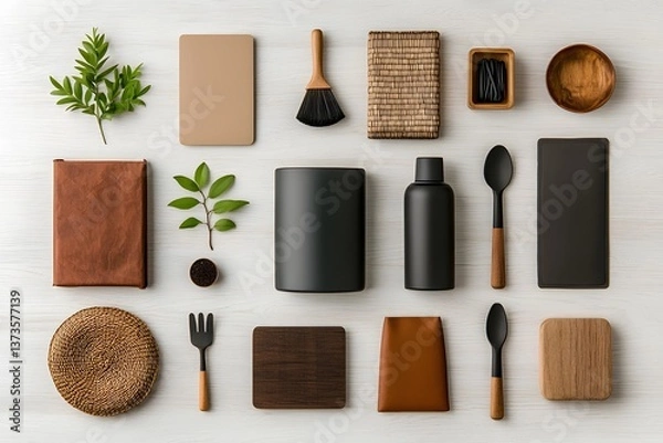 Obraz Flat lay featuring an assortment of diverse storage containers including cardboard wicker and metal pieces in different shapes and dimensions neatly arranged on a light wooden surface