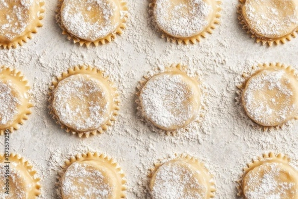 Fototapeta Freshly Handmade Ravioli with Flour Dust on Rustic Wooden Surface