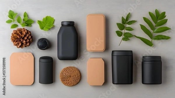 Obraz Flat lay of an assorted collection of storage containers showcasing a variety of materials including cardboard wicker and metal in diverse shapes and dimensions