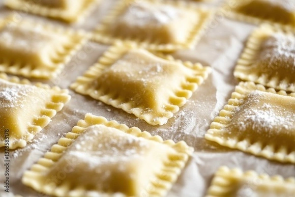 Fototapeta Fresh Ravioli on Paper Surface with Flour Dusting for Preparation