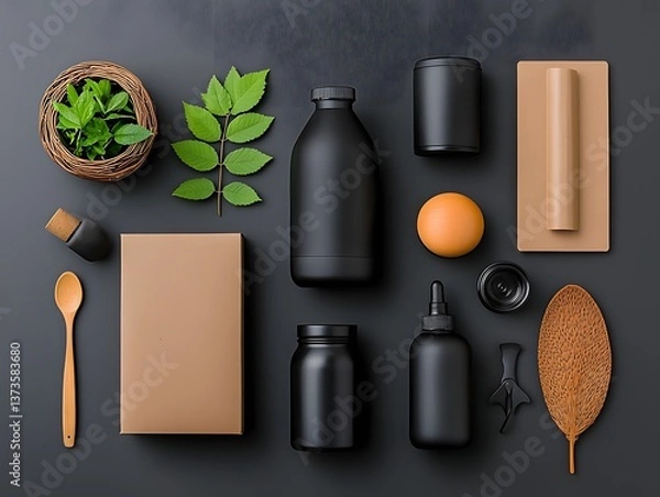 Obraz Flat lay of diverse storage containers in an array of materials such as cardboard wicker and metal arranged on a light wooden table for a clean organized and modern aesthetic