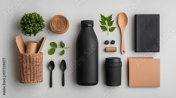 Fototapeta Flat lay of diverse storage vessels including cardboard wicker and metal containers with distinctive shapes and sizes empty vessels artfully displayed on a light wooden table