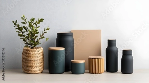 Fototapeta Flat lay of various storage containers cardboard boxes woven wicker baskets and metallic canisters with diverse geometric forms empty vessels elegantly arranged on a light oak table