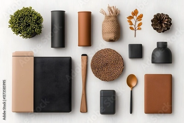 Fototapeta Flat lay of various storage containers in different sizes and shapes including cardboard wicker and metal materials