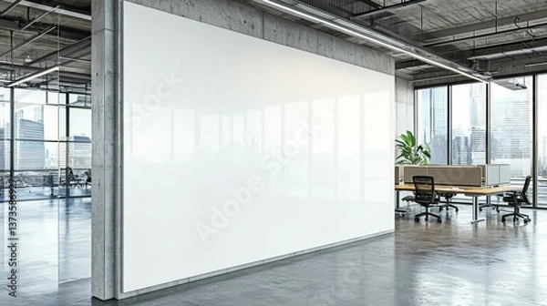 Fototapeta Bright White Wall Mockup in a Modern Concrete Office with Expansive Windows - 3D Rendered Interior Design