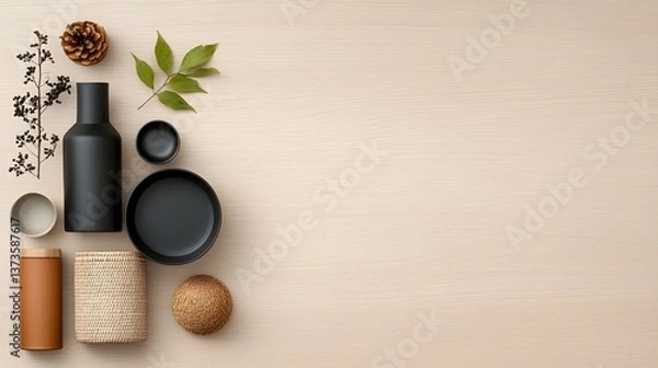 Fototapeta Flat lay of various storage vessels including cardboard wicker and metal containers with distinctive shapes and sizes artfully arranged on a light wooden table in a minimal