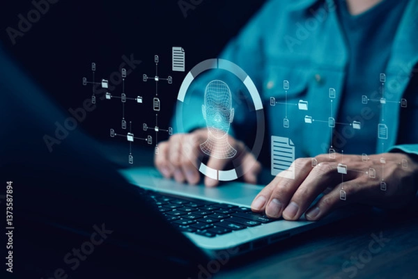 Obraz Deepfake concept ,Facial tracking, detection and recognition technology, Security system.Security system. matching facial movements