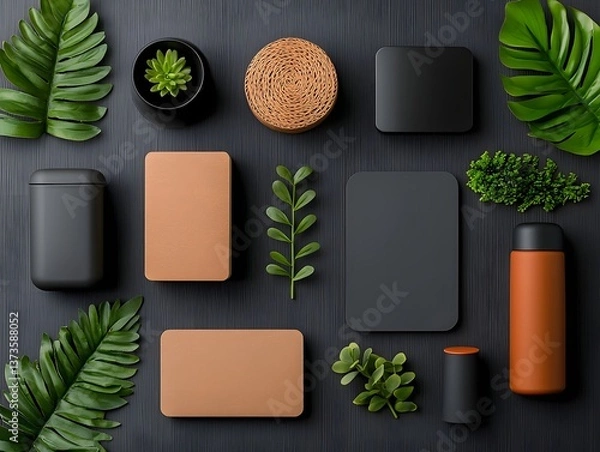 Fototapeta Flat lay of various storage containers made of cardboard wicker and metal in diverse shapes and dimensions neatly arranged on a light wooden surface conveying a sense of organized and minimal living