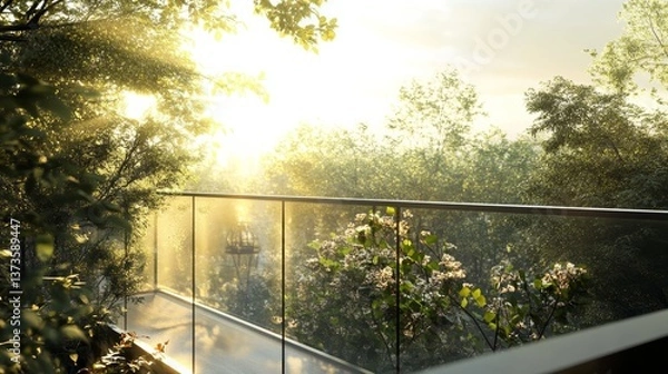 Fototapeta A positive viewing angle from a high modern penthouse balcony view of Lumpini park, bright sky, soft lighting, Thailand, glass fence, realistic rendering ,ultra detail, 32k 