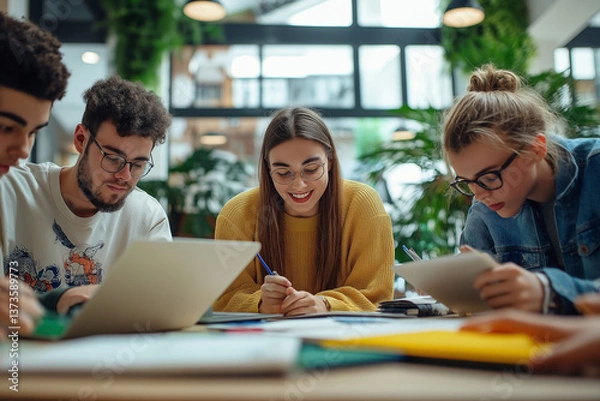 Fototapeta In a vibrant office space, a team of young professionals is diligently working together on a business project that requires deep collaboration and effort.