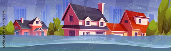 Fototapeta Flood in residential area, colorful houses submerged. Heavy rain caused natural disaster, water overflowing properties. Autumn trees, dramatic sky backdrop. Weather catastrophe impact on suburb.