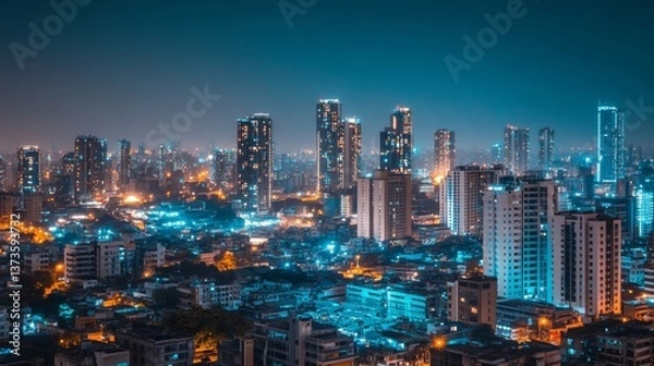 Fototapeta cityscape of global capability centres, low rise buildings with 3-4 floors only, clean, minimal, clutter free, Indian setup, clear sky, night view 