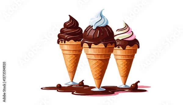 Obraz Three Delicious Chocolate Ice Cream Cones with Creamy Scoops