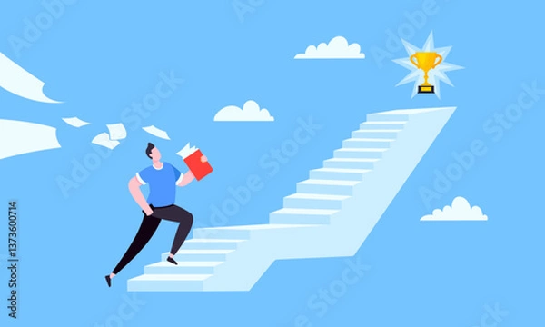 Fototapeta Success career ladder steps path challenge with business goal achievement flag objective on the top of it business concept flat vector illustration. Office person running onto success career steps.