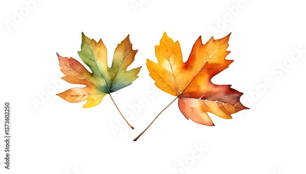 Obraz Autumn leaf, vibrant fall colors, watercolor style, isolated white background