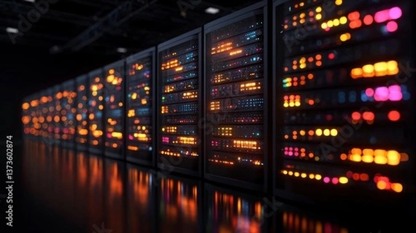 Fototapeta Illuminated Server Racks in Data Center  Network Technology  Digital Infrastructure  Crypt