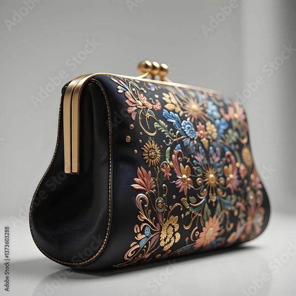 Obraz Black purse adorned with vibrant, colorful flowers, showcasing a stylish and artistic design. GENERATIVE AI