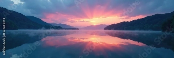 Fototapeta Water reflected in a misty lake on a cloudy evening, reflection, water