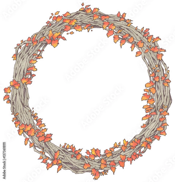 Fototapeta 紅葉したツタと枝のリース素材