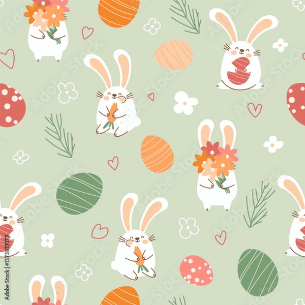 Fototapeta seamless easter pattern with bunnies and eggs