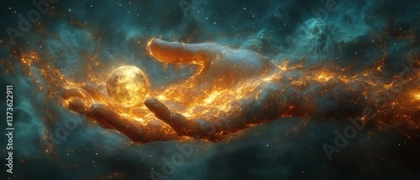 Fototapeta Ethereal Hands Cradling a Glowing Celestial Body in Cosmic Space