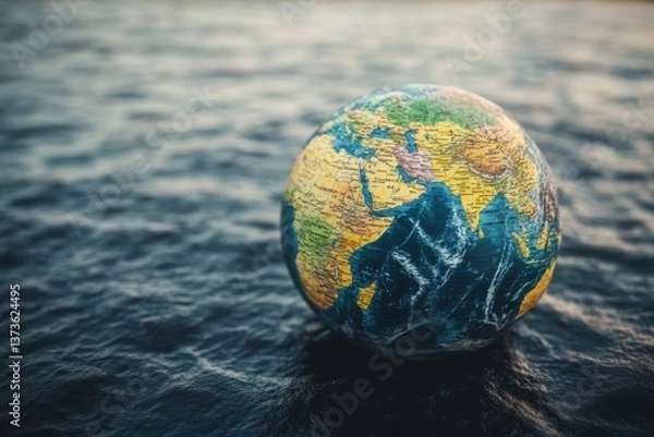 Fototapeta A miniature globe rests on a dark, textured surface, evoking a sense of the world's fragility and interconnectedness.