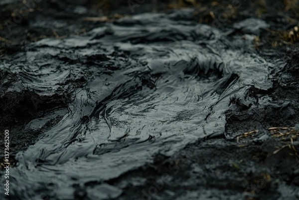 Fototapeta Dark, viscous substance flows across the ground, creating intricate patterns and textures.